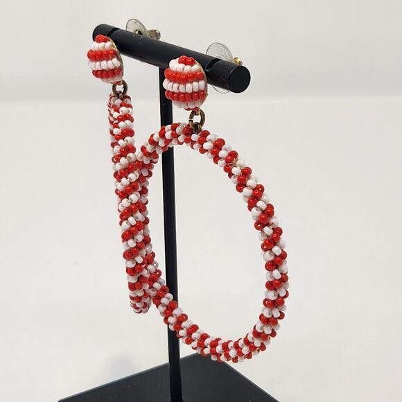 J Crew Red White Seed Bead Hoop Dangle Post Earrings Striped Oversized Playful - Picture 2 of 6